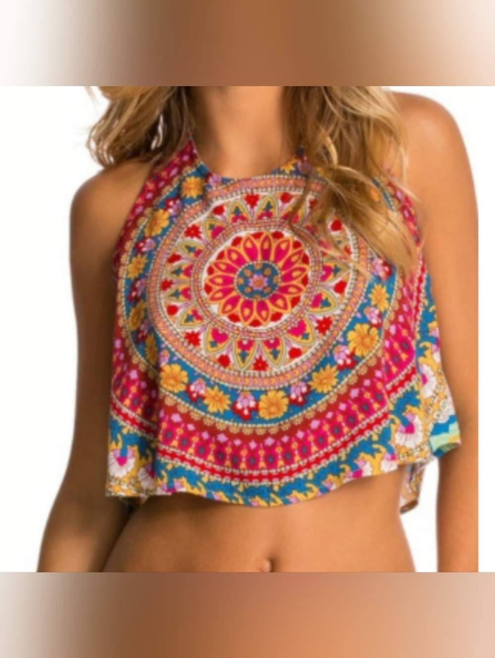 Boho Billabong Mandala Halter Crop Top in Pink & Teal